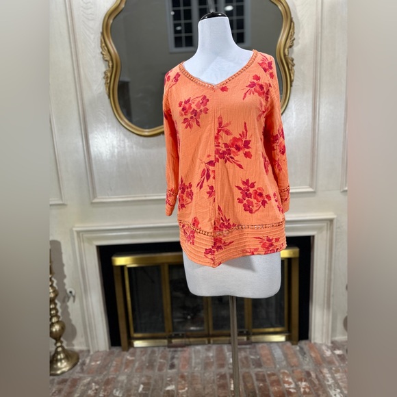 Soft Surroundings Floral Tunic  M Coral Peach Boho Crinkle Cotton Gauze 3/4 slv - Picture 2 of 10